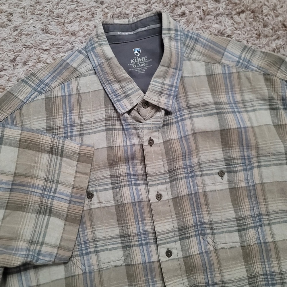 Kuhl Button Down Shirt Mens XXL Tan Blue Plaid Linen Cotton Short Sleeve Hiking